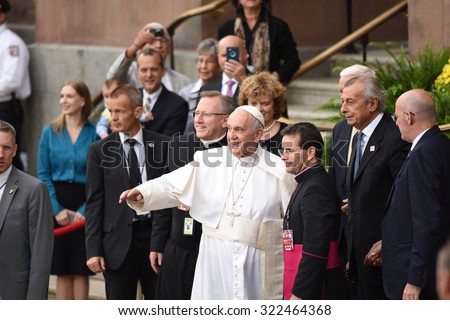 PHILADELPHIA, PA - SEPTEMBER 26 2015: Pope Francis arrived at the Cathedral Basilica of Peter and Paul in downtown Philadelphia to celebrate mass. Pope Francis arrives at cathedral.