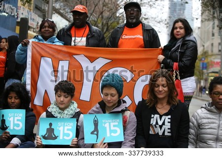 NEW YORK CITY - NOVEMBER 10 2015: Fight for Fifteen\'s national day of action began with a walk-out of fast food employees & rally in downtown Brooklyn where mayor de Blasio spoke.