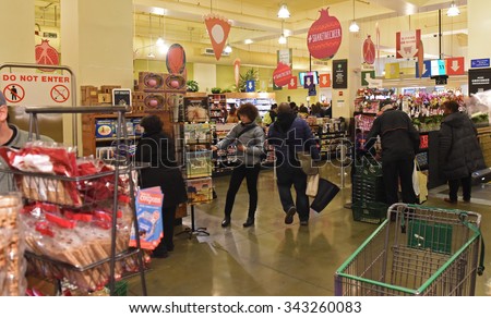 NEW YORK CITY - NOVEMBER 13 2015: Whole Foods market, Union Square. Whole Foods offers high end organic & naturally raised foods with four locations in Manhattan & one in Brooklyn