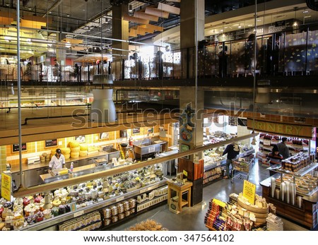 NEW YORK CITY - DECEMBER 5 2015: Whole Foods Markets, with 10 locations in New York City, has been under investigation for allegedly overcharging customers since June 2015. Interior Whole Foods Bowery