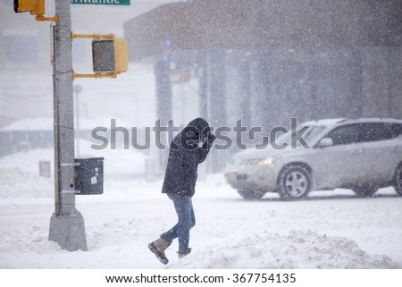 NEW YORK CITY - JANUARY 23 2015: New York City\'s second-worst blizzard on record buried downtown Brooklyn & the Barclay\'s Center in gusts & accumulation