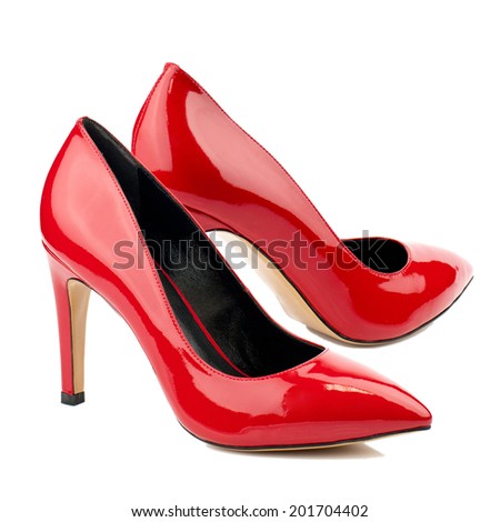 Red patent high heel women shoe isolated on white background.