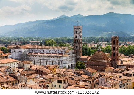 View of the Cathedral of St Martin in Lucca, Italy. Seen from the Ã?Â´Torre delle oreÃ?Â´
