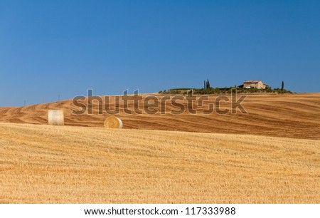 Golden hills and a farm in Tuscany, Italy
