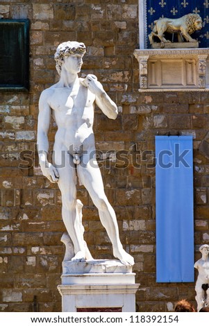 Replica of the statue of David on the original position at the piazza della Signoria in Florence, Italy