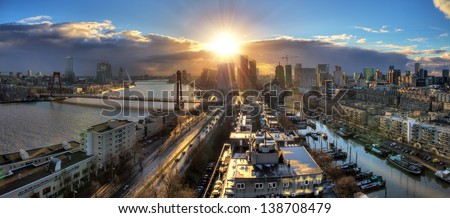 Beautiful Sunset Panorama Of The City Of Rotterdam, The Netherlands, With The River Meuse. Hdr
