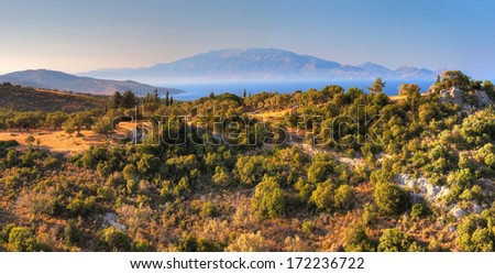 Beautiful view of the landscape on the Greek island Zakynthos from the top of a hill in summer