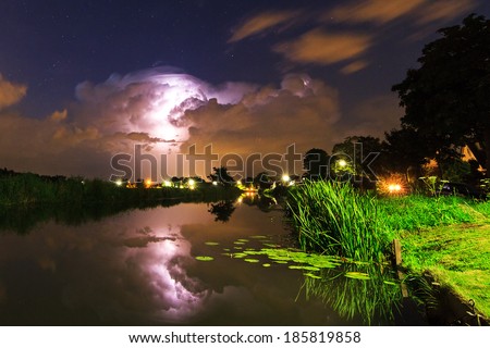 Thunderclouds and lightning reflected in the river at night in the Netherlands