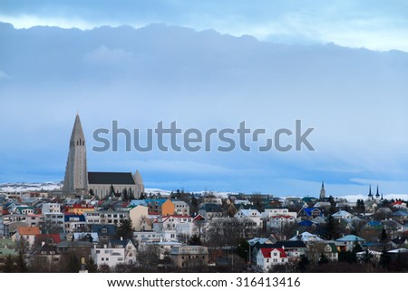 Beautiful cityscape skyline of Reykjavik, Iceland, in winter with the church Hallgrimskirkja