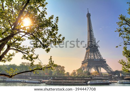 Beautiful backlit Eiffel tower in spring in Paris, France