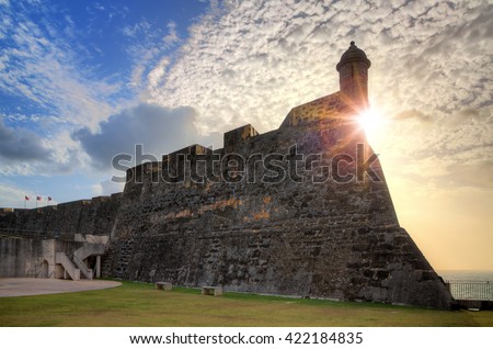 Beautiful view of the large outer wall with sentry box of fort San Cristobal in San Juan, Puerto Rico