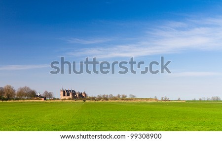 Green meadow, blue sky, castle on the horizon