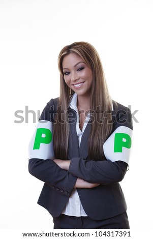 woman wear arm bands with the letter P as if she has just passed a test.