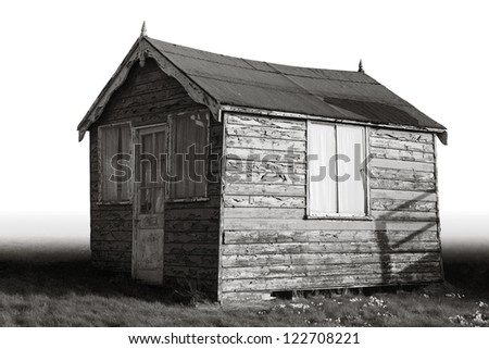 Shabby old shed on white background