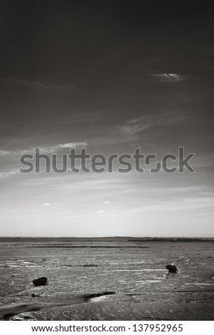 Black and white landscape image of Southend beach looking out at the boats on the mud when the sea is out, Essex, England