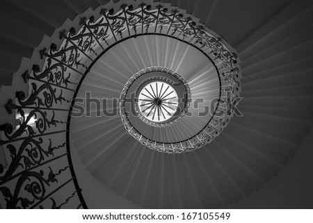 View of spiral staircase from the ground looking up