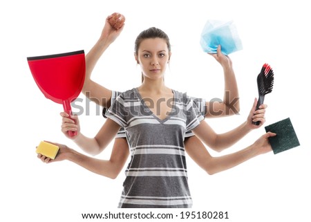 woman with many arms getting ready to do a spring clean