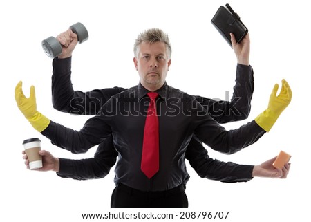 Man with many arms getting ready to do a spring and other jobs