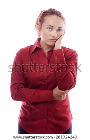 unhappy business woman standing not sure what to do