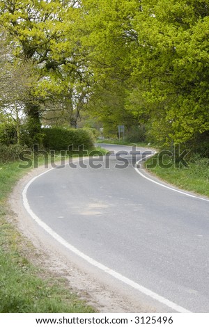 curved road down a country lane lined with green trees on both sides