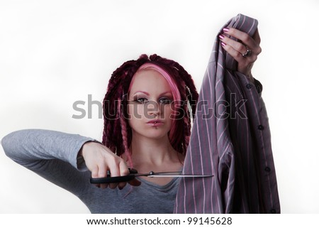 woman with dread lock hair cutting up a mans shirt what did he do to upset her
