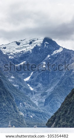 Milford sound. New Zealand fiordland. Vertical panorama