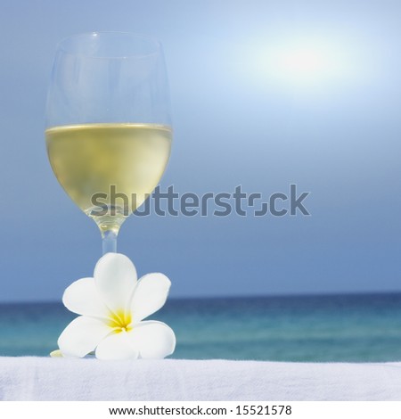 Glass of white wine on tropical beach