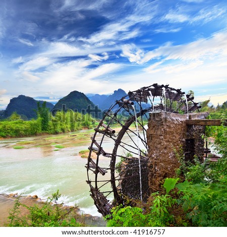 Bamboo water wheel. The use of water power for irrigation. Vietnam