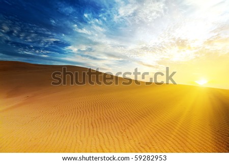 Sandy desert at sunrise time. Vietnam. Mui ne