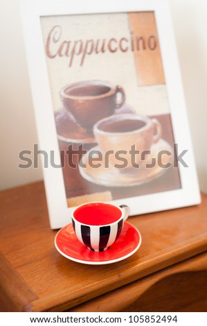 Red Cafe Cup Black and white pattern with cappuccino picture drawing