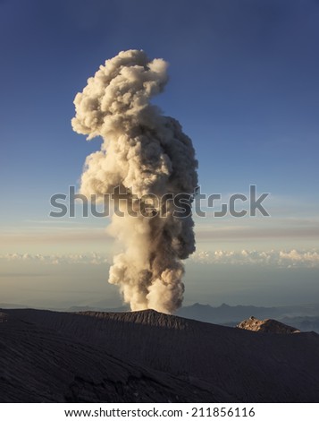 Large ash cloud rising from Semeru crater (Kawah Semeru) at Semeru Volcano Mountain, East Java, Indonesia. Semeru Mountain also known as Mahameru Mountain in Indonesia means the great mountain.