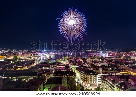 Panoramic view of city of Geneva, fireworks for the Swiss National Day