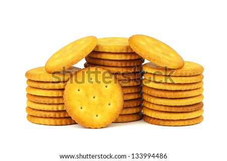 Crackers isolated on white background. Salty snacks, circular crackers