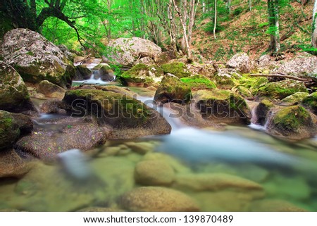 Mountain river in spring. A stream of water in forest and mountain terrain