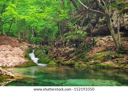 A stream of water in forest and mountain terrain. Mountain river.