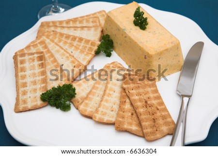 Smoked pike terrine with melba toast and parsley and chives as garnishing on a white platter. The image is shot from above
