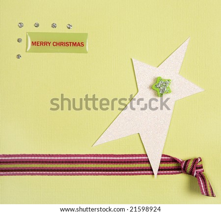 Handmade Card with a glitter star and striped ribbon, and the words \