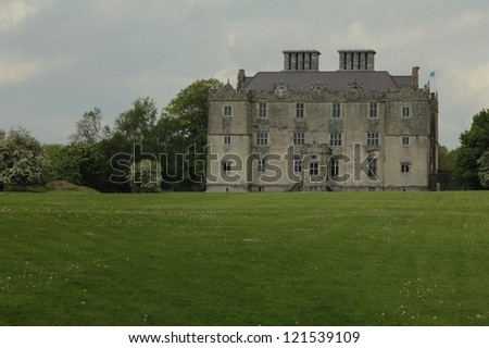 Portumna Castle in Ireland, with view of the garden. The castle is a semi-fortified house built before 1618.