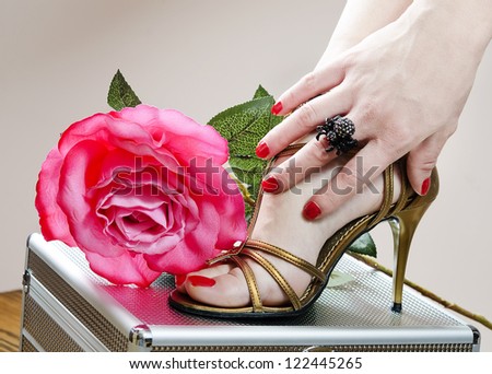 Fashion body parts and rose on makeup box.