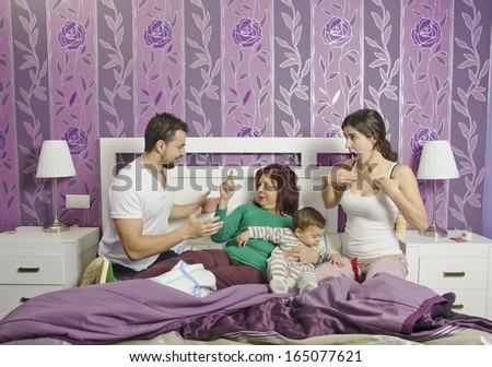 Mother in law in home bedroom, Couple problems concept.