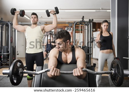 Young group of people training at gym, biceps and shoulder exercises: curl scott and shoulder lifting.