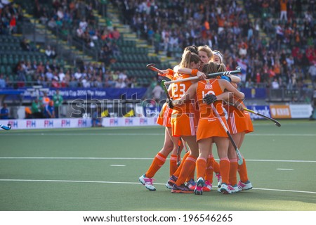 THE HAGUE, NETHERLANDS - JUNE 2: Dutch players van As, Lammers, Jonker and Hoog celebrating a goal during the Hockey World Cup 2014 in the match between The Netherlands and Belgium. NED beats BEL 4-0