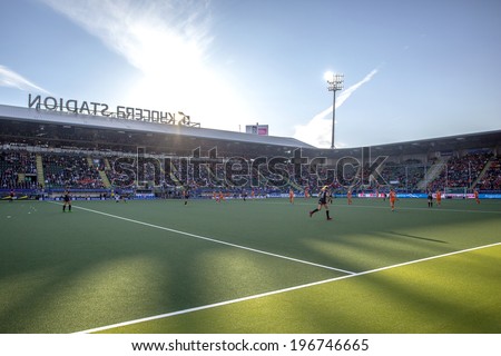 THE HAGUE, NETHERLANDS - JUNE 2: The Kyocera Stadium, home of soccer team ADO Den Haag is the venue for the World Cup Hockey 2014, taken during the match between Netherlands and Belgium (3-0)