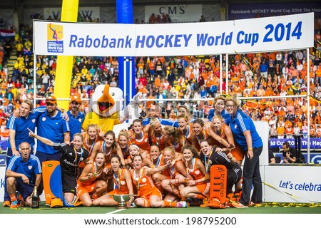 THE HAGUE, NETHERLANDS - JUNE 14: Team photo of the victorious Dutch Team, coaches and support staff at the prize giving ceremony of the world championships hockey 2014