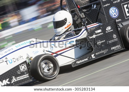 HOCKENHEIM, GERMANY - AUGUST 2, 2015: The 4wheel powered electronic car, designed by Formula Student Team Delft from the TU Delft is the world champion of the Formula Student Design Competition