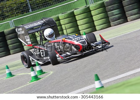 HOCKENHEIM, GERMANY - AUGUST 1, 2015: An electronic concept car during the world championships of the formula student design competition during the dynamic endurance on the hockenheimring circuit.