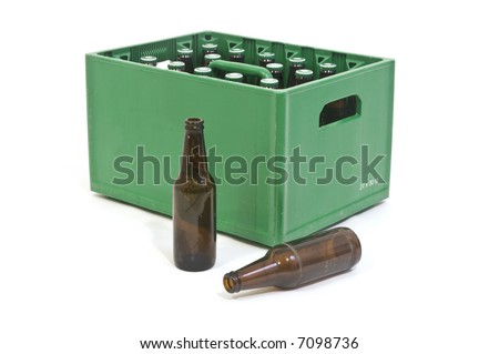 Beer crate with two empty bottles in front