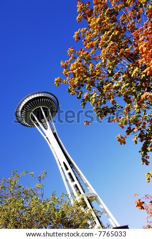 The seattle space needle in the autumn, against a clear blue sky