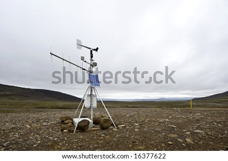 A solar powered weather station and transmitting aerial along the Kjolur Highland route in the Tundras of Iceland on a typical Icelandic overcast day.