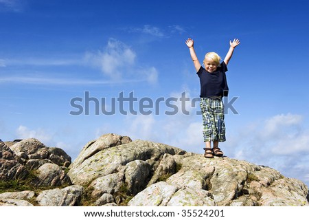 Young boy with his arms raised in victory on top of a rock, conceptual image for conquering challenges, pushing the boundaries, and continuous improvement